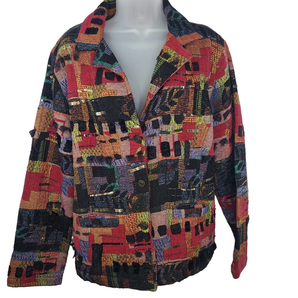 Chicos Jacket Tapestry Embellished Red Black Orange 2 Large Art to Wear Pockets